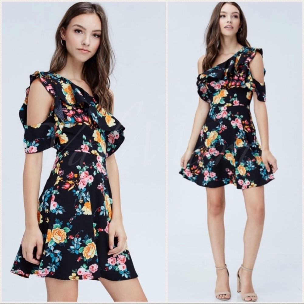 Black floral single cold shoulder dress